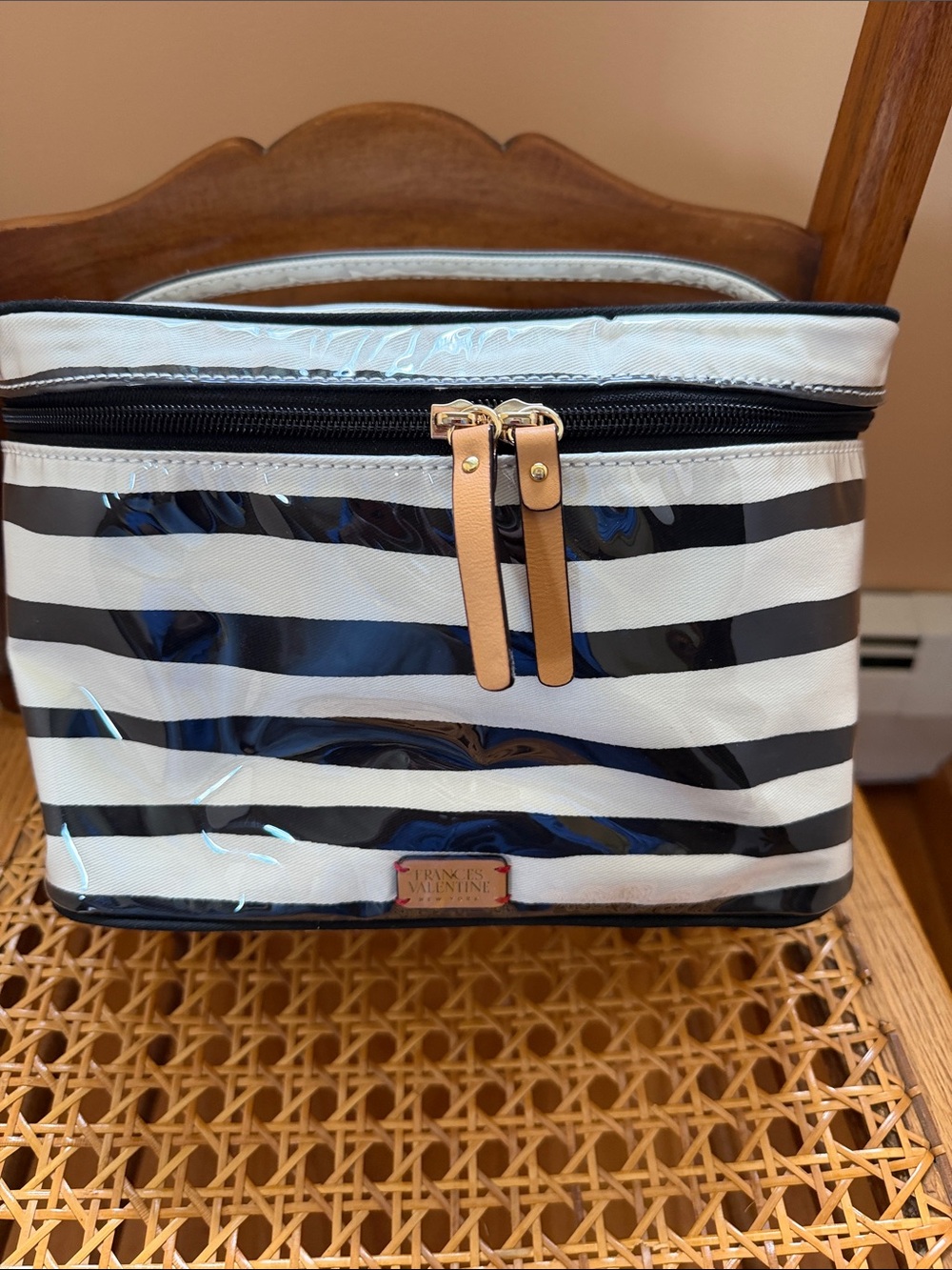 Frances Valentine Black and White Striped Cosmetic Case with Tan Pulls